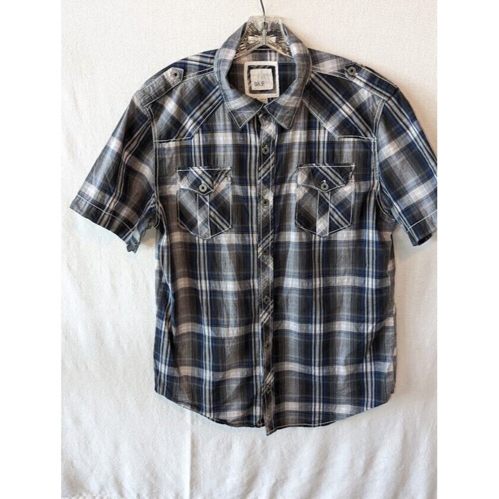 Men's BKE Blue/White Plaid Collared Button Up Short Sleeve Shirt Size Large